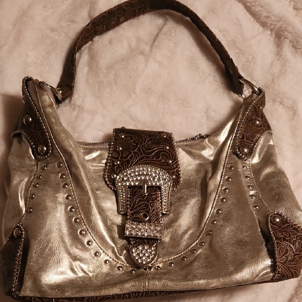 Kathy Van Zeeland Metallic and Brown Shoulder Bag